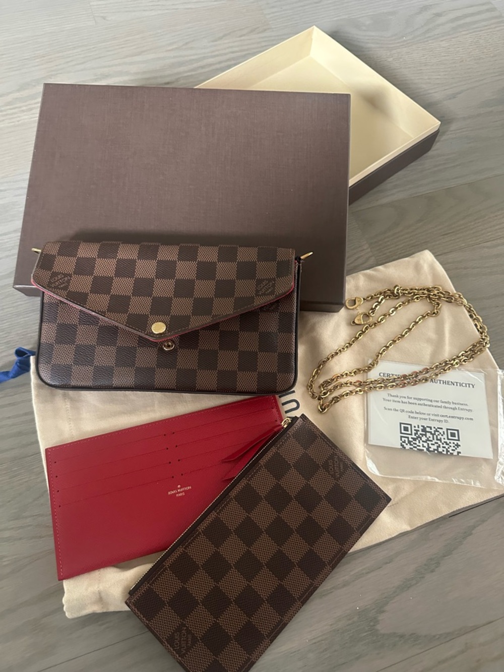 Louis Vuitton Brown Damier Ebene Crossbody with Red Interior Accents